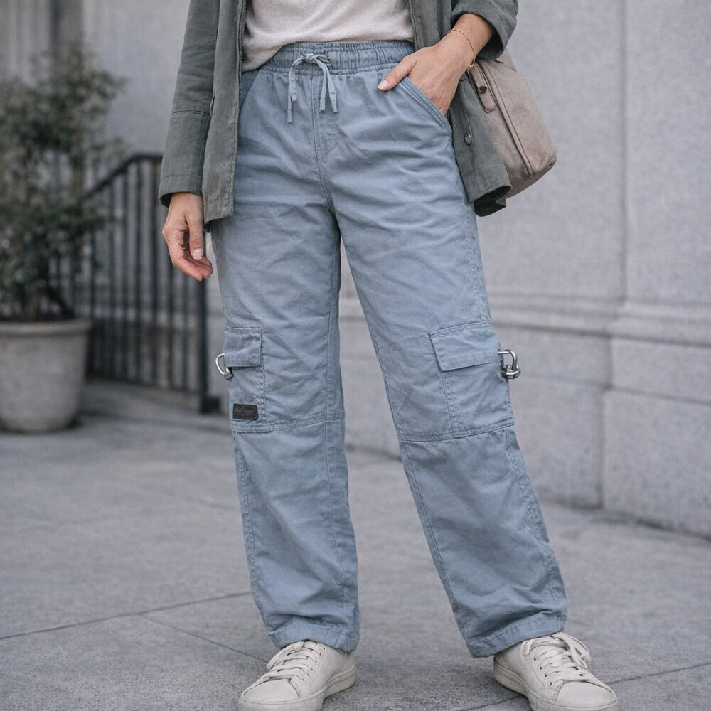 Urban Groove Gray Cargo Pants – Y2K Techwear Style Drawcord Hem Size L
